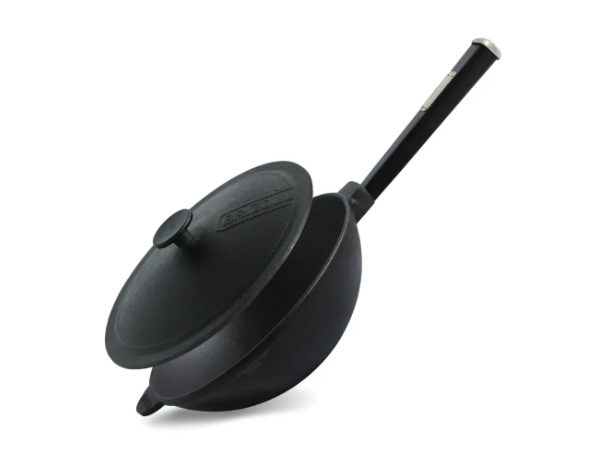 Сковорода чугунная Brizoll WOK с деревянной ручкой и чугунной крышкой 2,8 л Black (W26HP1-1)