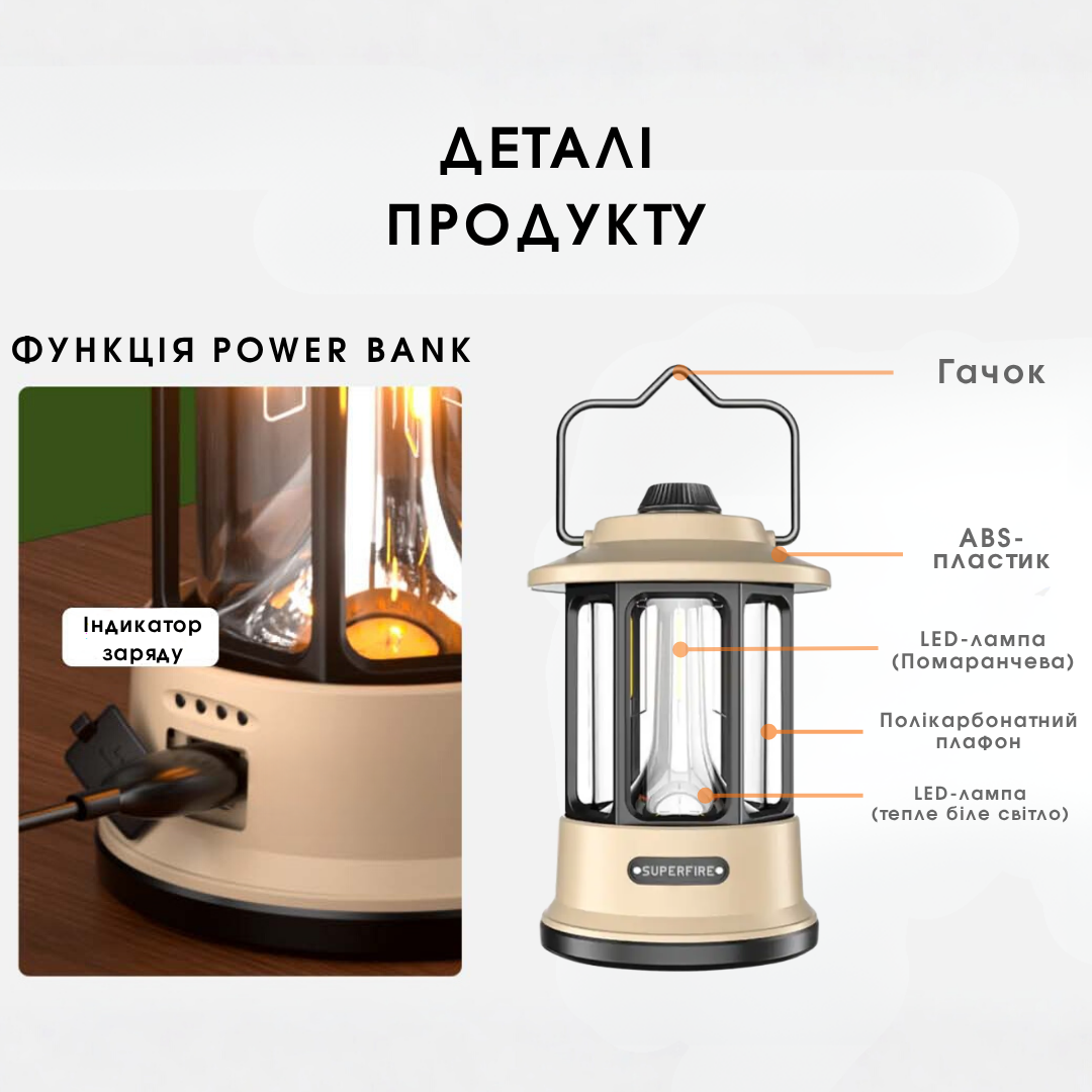Ліхтар-Powerbank SuperFire T35 Ретро кемпінговий (2833256291) - фото 5 Ліхтар-Powerbank SuperFire T35 Ретро кемпінговий (2833256291) - фото 5
