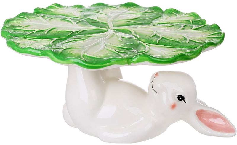 Подставка для торта/кулича милый кролик фарфоровая 23 см Белый с зеленым