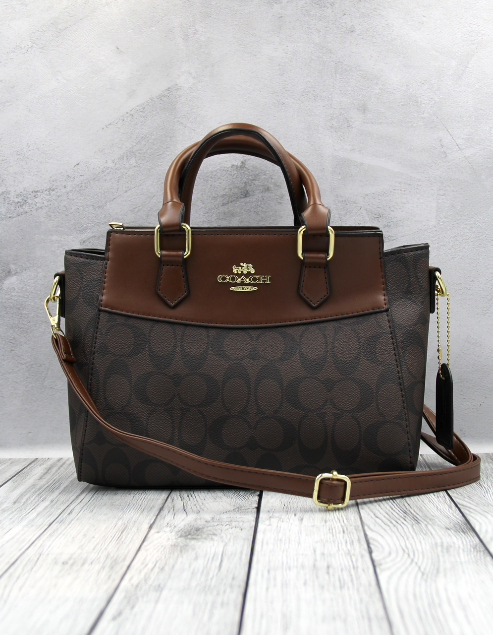Женская сумка Coach из канвы с кожаными вставками Коричневый (2957801431)