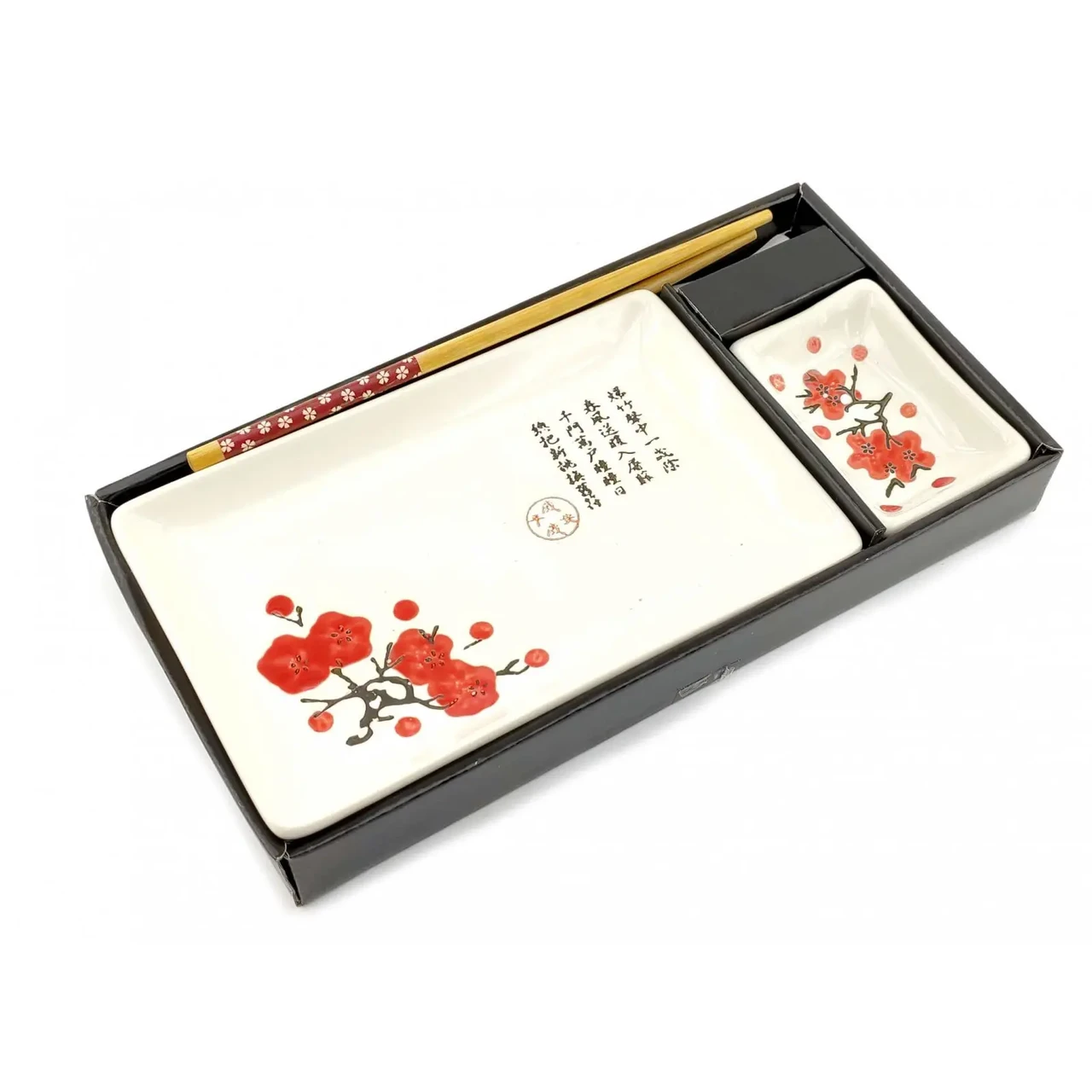 Набор для суши Сакура 4в1 тарелка/соусница/бамбуковые палочки/подставка под палочки из керамики 28х14 см (07-34280B)