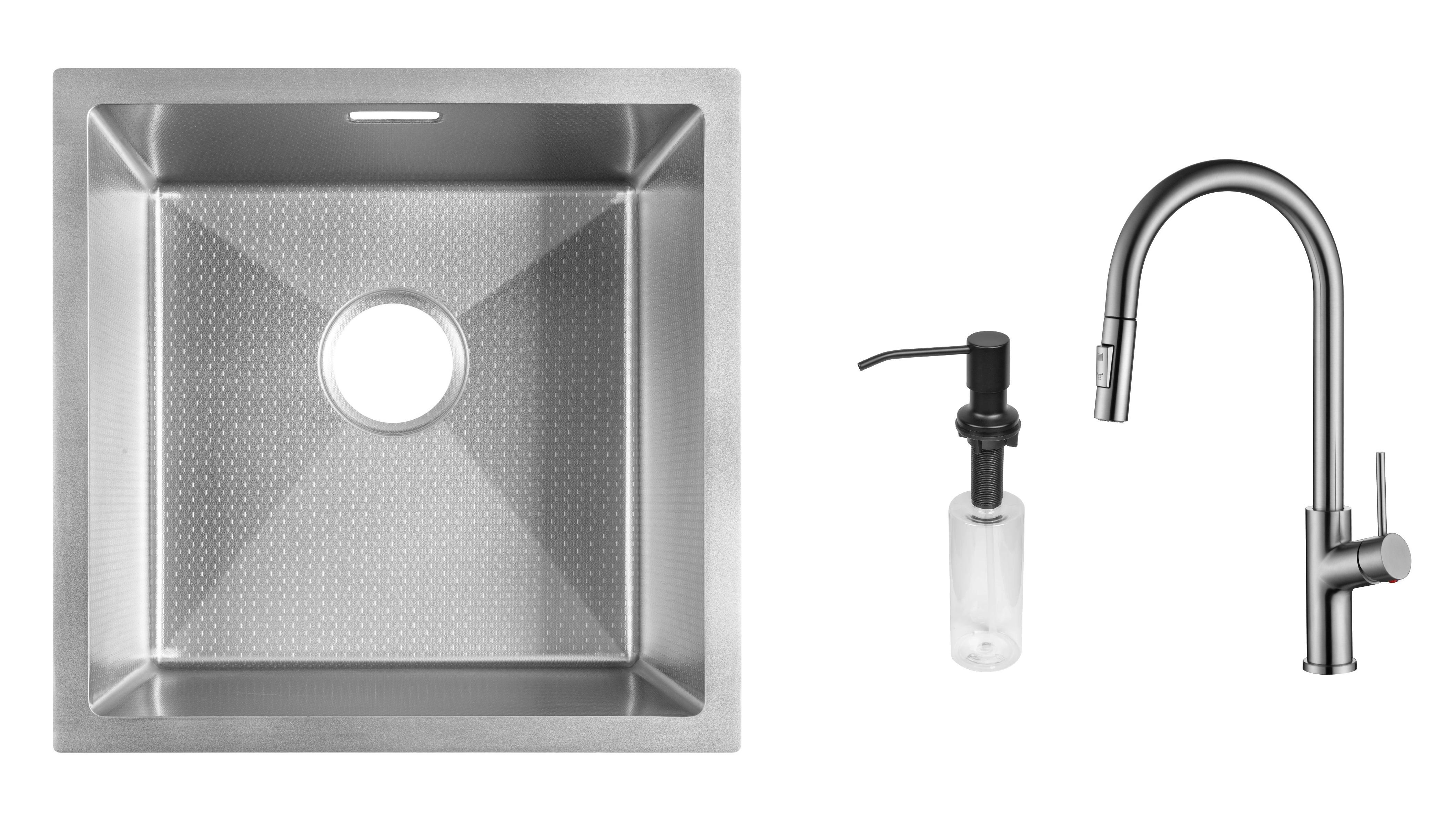 Комплект из кухонной мойки Gunter&Hauer Olef 4522 Inox Honey кухонного смесителя Gunter&Hauer MOND Br и дозатора Gunter&Hauer Soap Dispenser Black