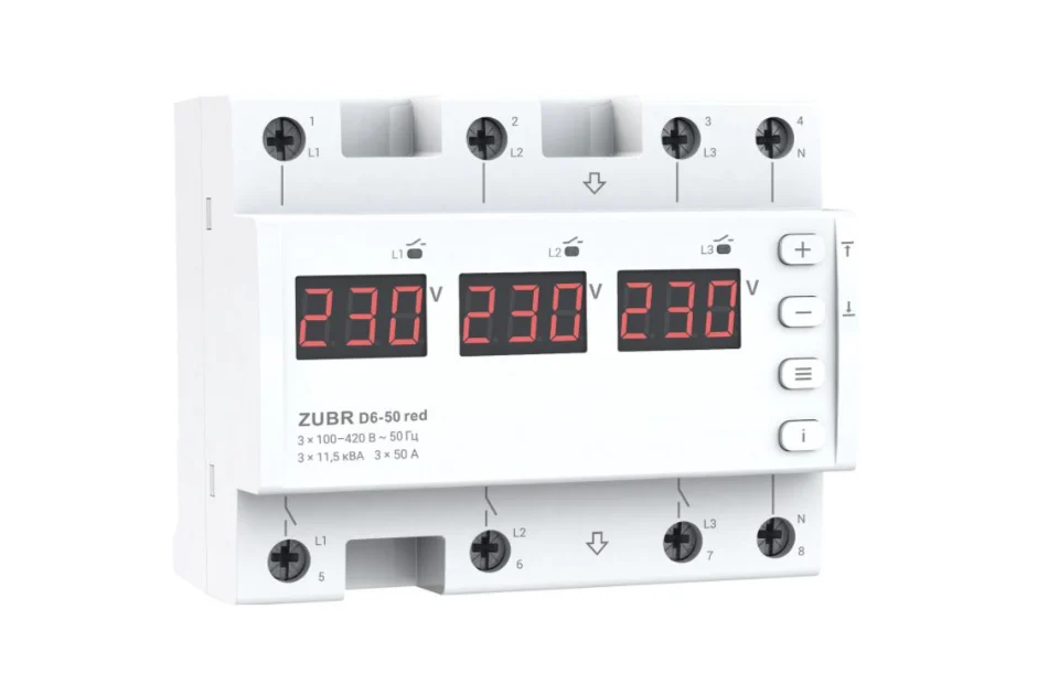Реле напряжения ZUBR D6-50 red трехфазное с двумя режимами работы 50А