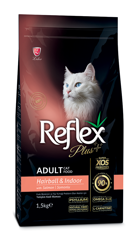 Корм для котів які живуть у приміщені сухий Reflex Plus виведення шерсті з лососем 1,5 кг (RFX-307)