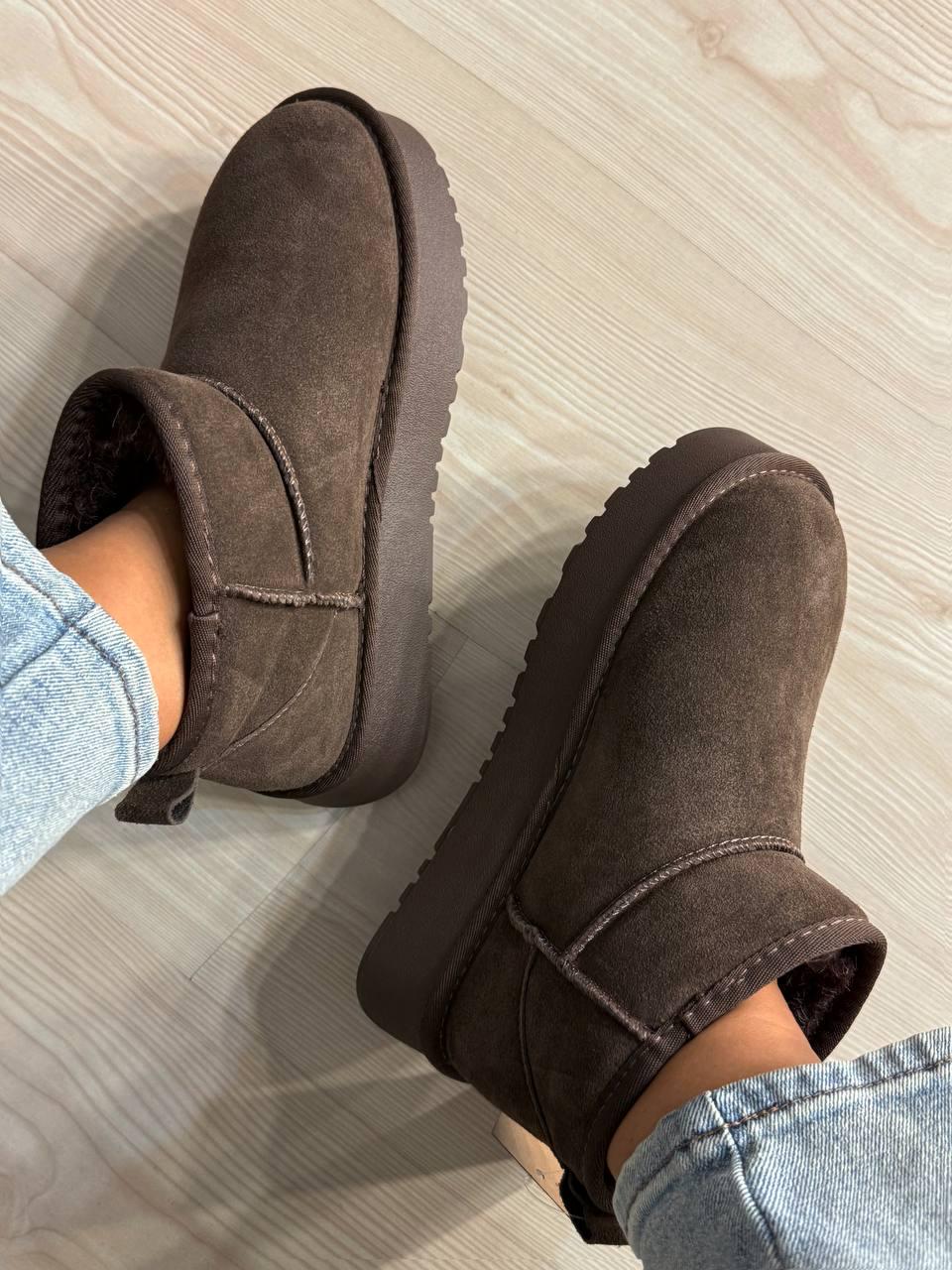 Угги женские Hengji 25-7 натуральная замша короткие на высокой подошве р. 37 Коричневый (5299) - фото 4