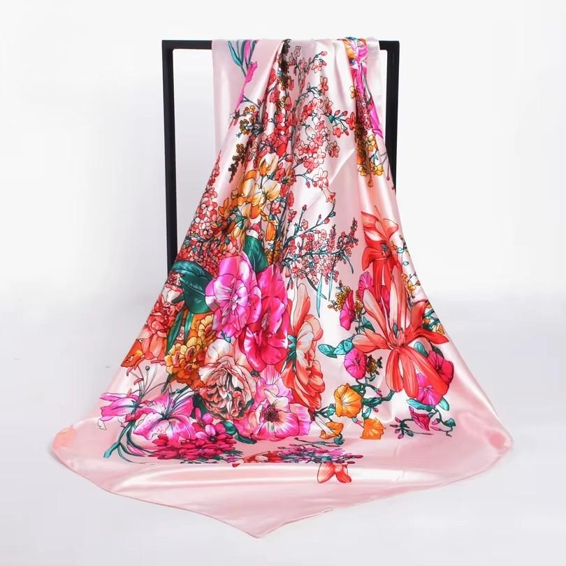 Шелковый платок Цветочный Mosi 90х90 см Розовый - фото 1