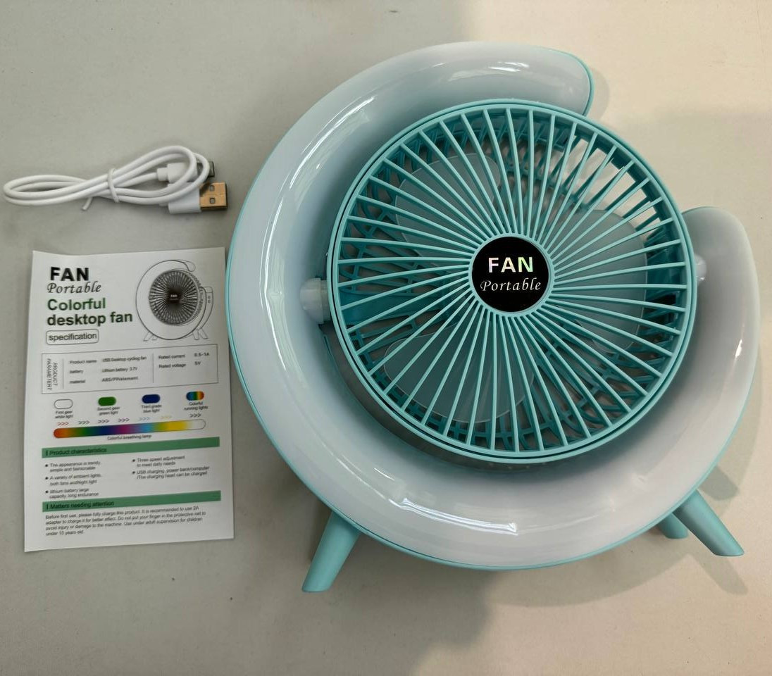 Вентилятор настільний акумуляторний з LED підсвіткою USB 3 швидкості 24x24 см Блакитний - фото 8