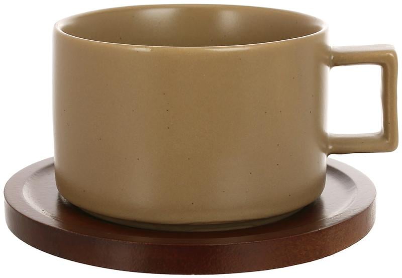 Набор фарфоров чашек Natural Serving Grey с деревянными блюдцами 200 мл 6 шт.