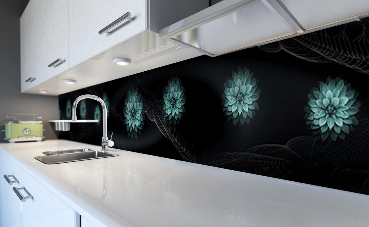Кухонный фартук Бирюзовые цветы георгины из самоклеющейся виниловой пленки 65х250 см Черный