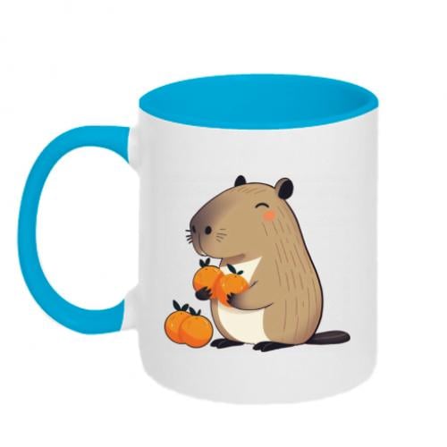 Чашка керамическая двухцветная Капибара радуется апельсинам 320 мл Бело-голубой (17077545-33-199693) - фото 1