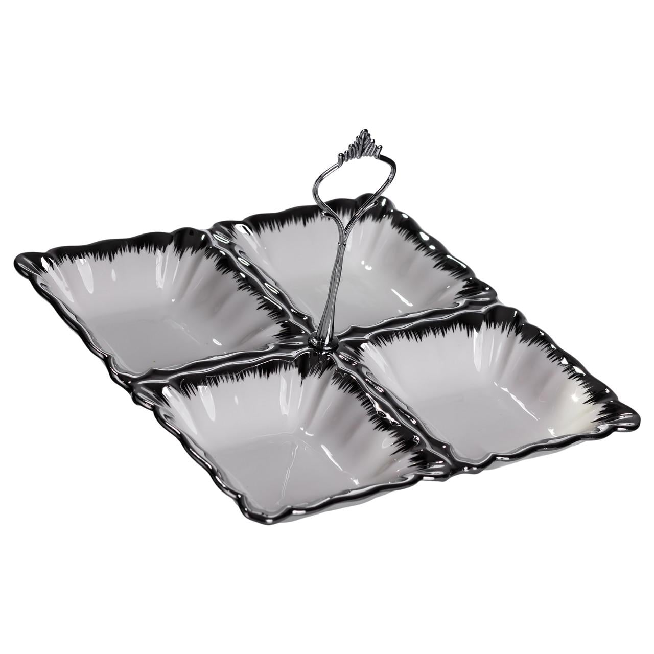 Менажница фарфоровая на 4 секции с ручкой 22,5х22,5х3 см Белый с серебром (LC-BYL-101-S)