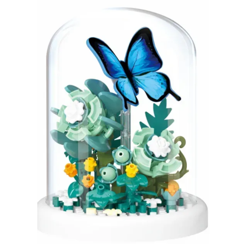 Конструктор детский блоковый Цветы с бабочкой в колбе 130 деталей 6,8х6,8х8,5 см Голубой (P2540)