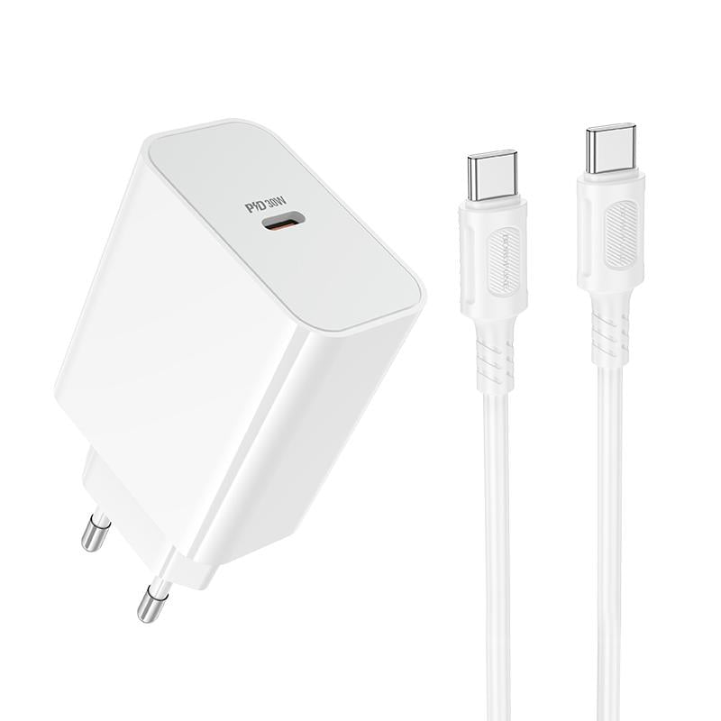 Зарядний пристрій мережевий з кабелем Borofone BA107A Stellar single port PD30W charger set C to C EU White (6941991125362) Зарядний пристрій мережевий з кабелем Borofone BA107A Stellar single port PD30W charger set C to C EU White (6941991125362)