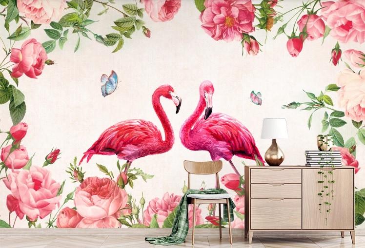 Фотошпалери флізелінові, що миються для спальні/зали/кухні Фламінго в оточенні квітів