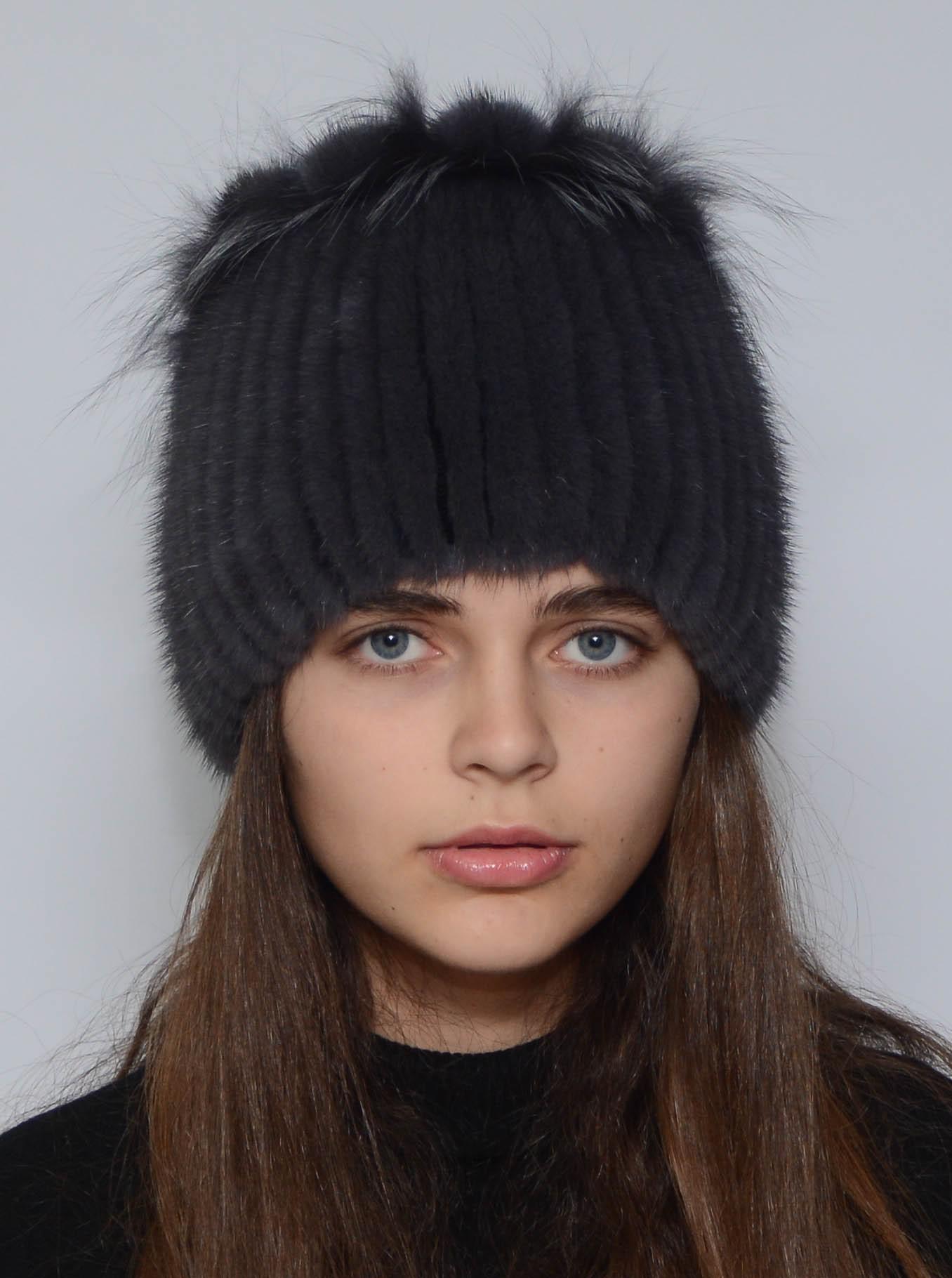 Зимняя шапка из вязаной норки Меховой стиль Петли натуральный мех M-L Ирис (101/С)