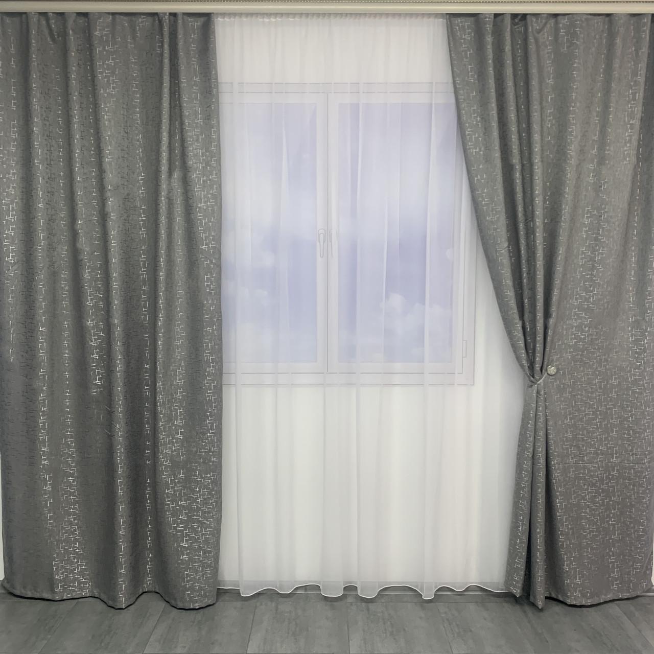 Шторы готовые Мрамор плотные блэкаут из льна с шифоновым тюлем Темно-серый