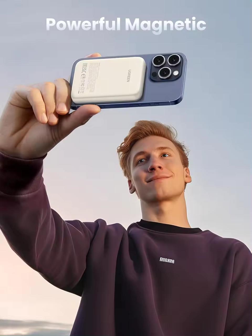 Повербанк магнитный Magsafe Ugreen PB560 5000 mAh 15 Вт с беспроводной зарядкой для iPhone Бежевый (26389506) - фото 2