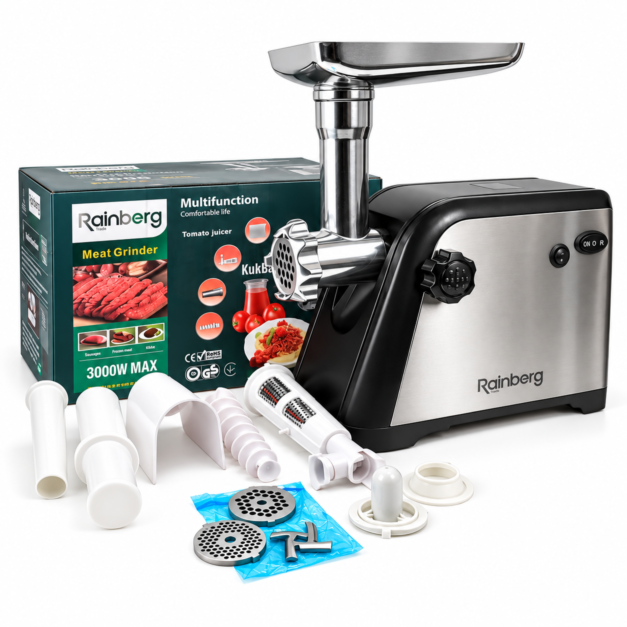 Мясорубка электрическая Rainberg RB-672 3000 Вт 1,5 кг/мин реверс соковыжималка Черный (ML-06786)