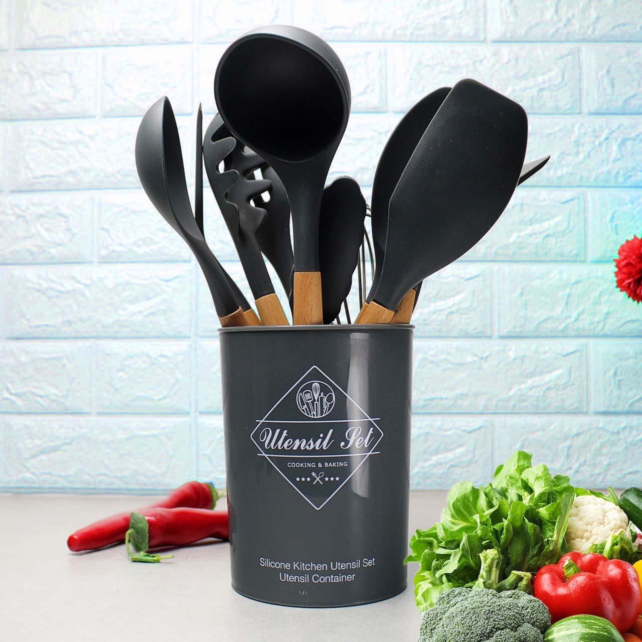 Набор кухонный принадлежностей Kitchen Ware силиконовый 12в1 с подставкой Черный (id_117616) - фото 4