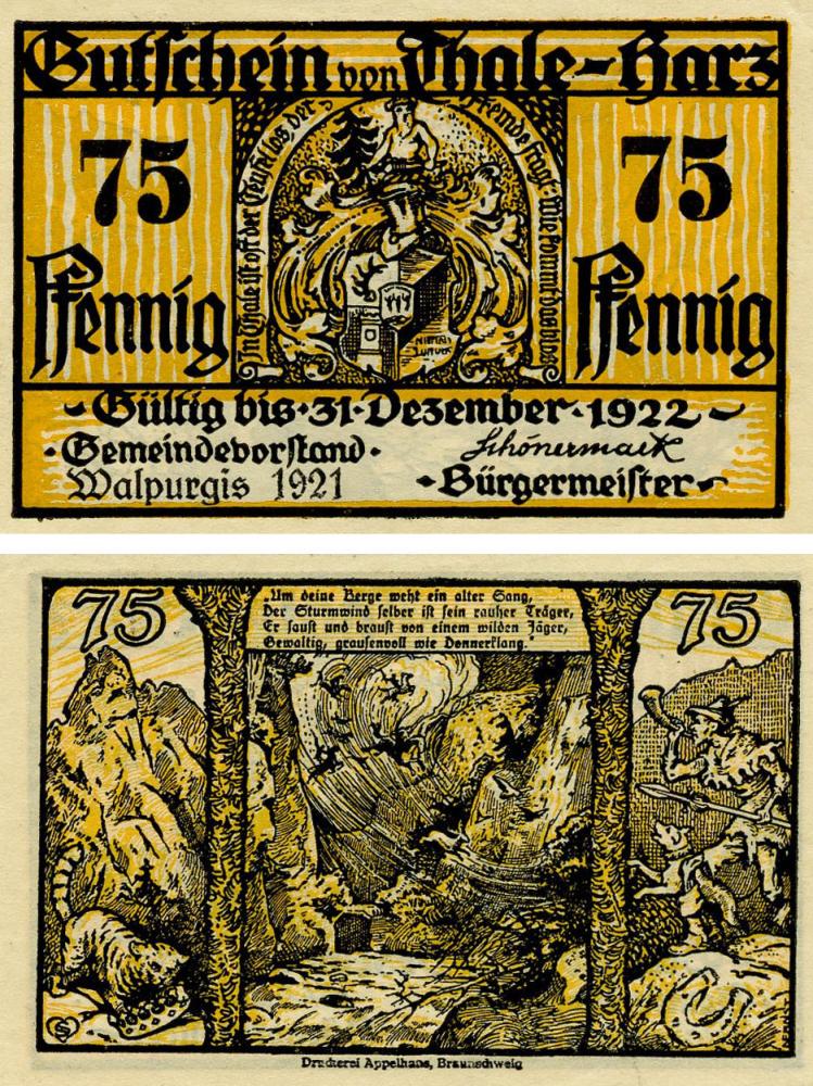Коллекционная банкнота Германия Нотгельд 75 пфеннигов 1921 F-VF Тале (Б18610)