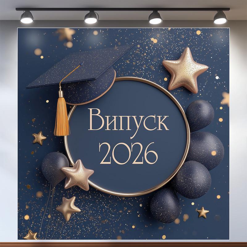 Баннер для фотозоны на выпускной вечер "Випуск 2026" темно-синяя со звездами и шариками 160x160 см №41060 Баннер для фотозоны на выпускной вечер "Випуск 2026" темно-синяя со звездами и шариками 160x160 см №41060