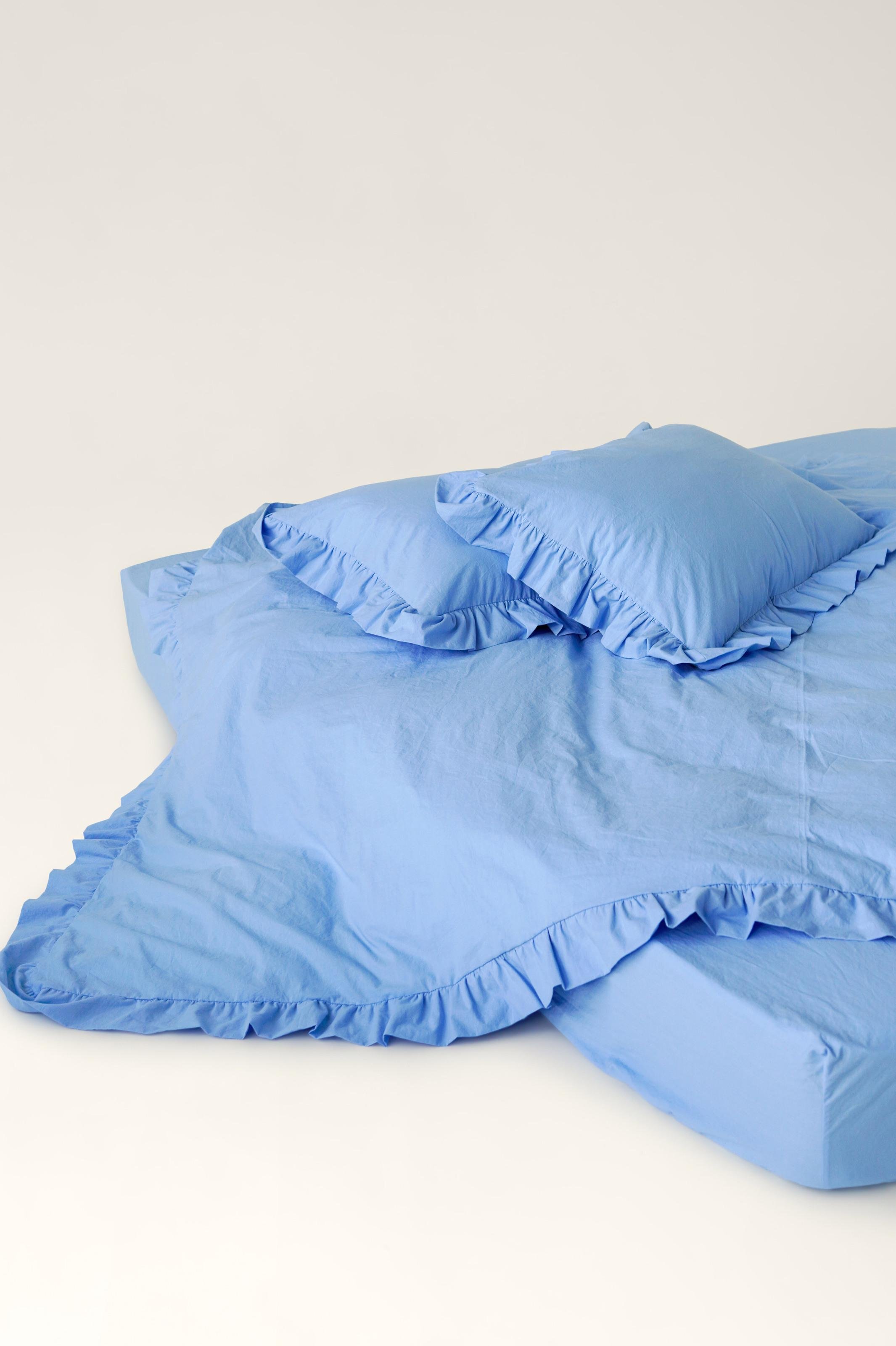 Комплект постельного белья вареный хлопок с рюшами евро 3в1 наволочки/пододеяльник/простыня Голубой (2431-8)