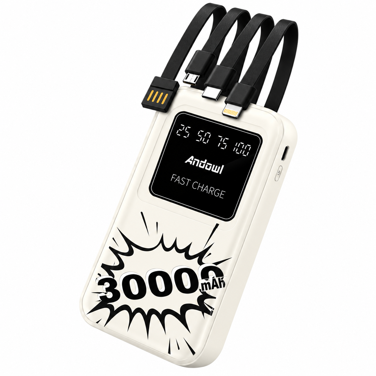 Повербанк Andowl Q-CD153 QC 3.0 PD со встроенными 4 кабелями/фонарик/дисплей 30000 mAh Белый (abde096a)