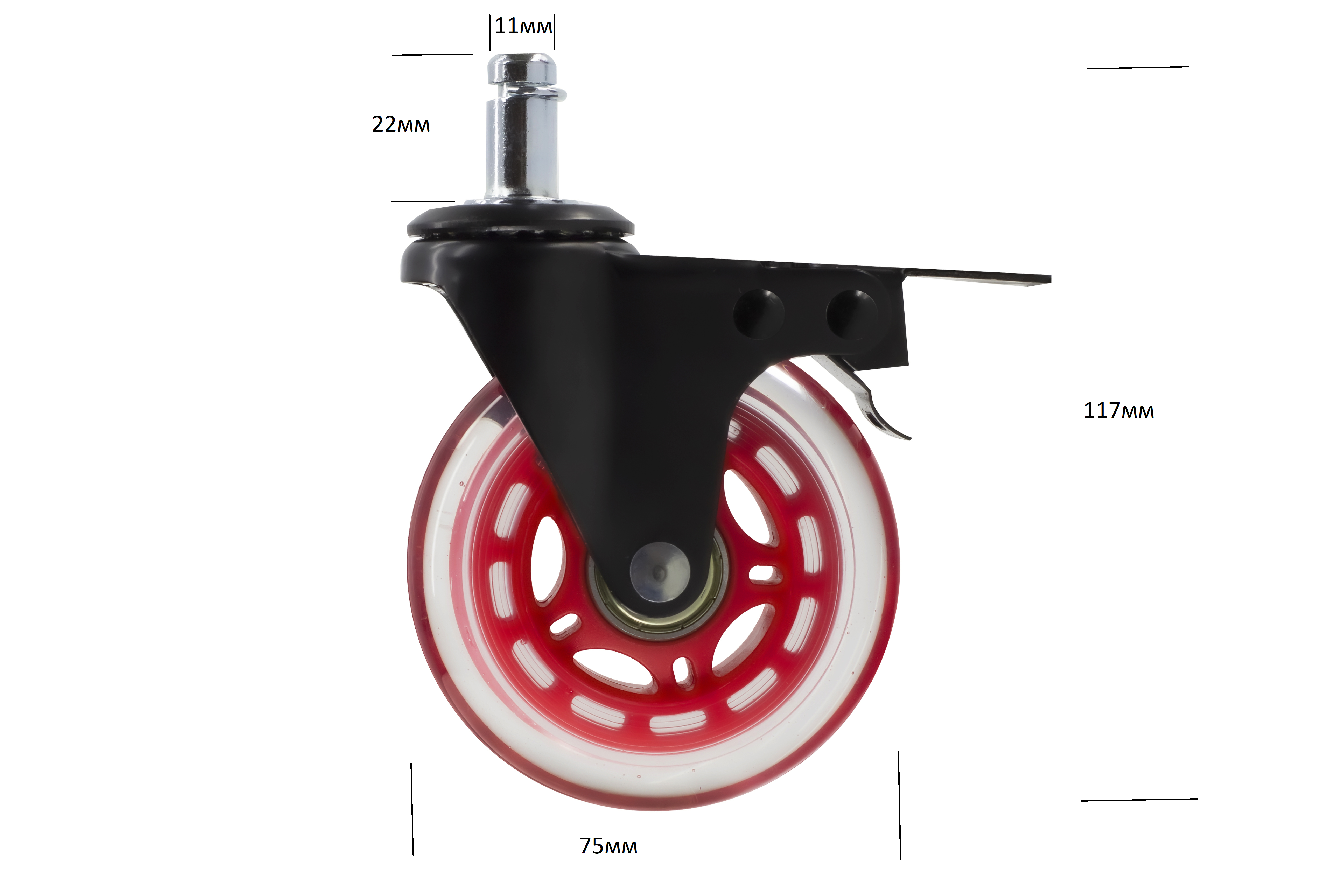 Ролики полиуретановые Kadik для офисного кресла с блокировкой шток 11 мм 5 шт. Красный (RPBCH-005) - фото 6
