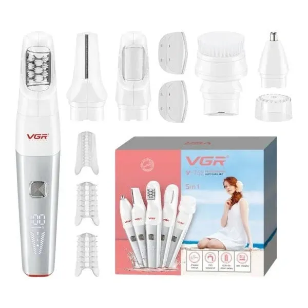 Эпилятор VGR V-752 IPX5 аккумуляторный с 5 насадками триммер/триммер для носа/пемза/щетка Красный