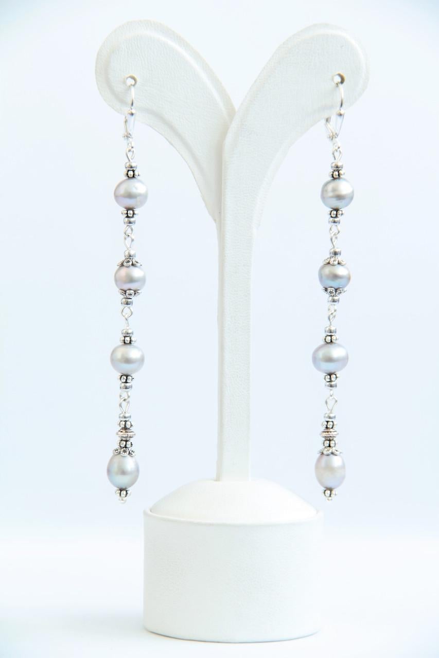 Сережки довгі родій з натуральними перлами Silver Drops ручна робота (ER-0003)