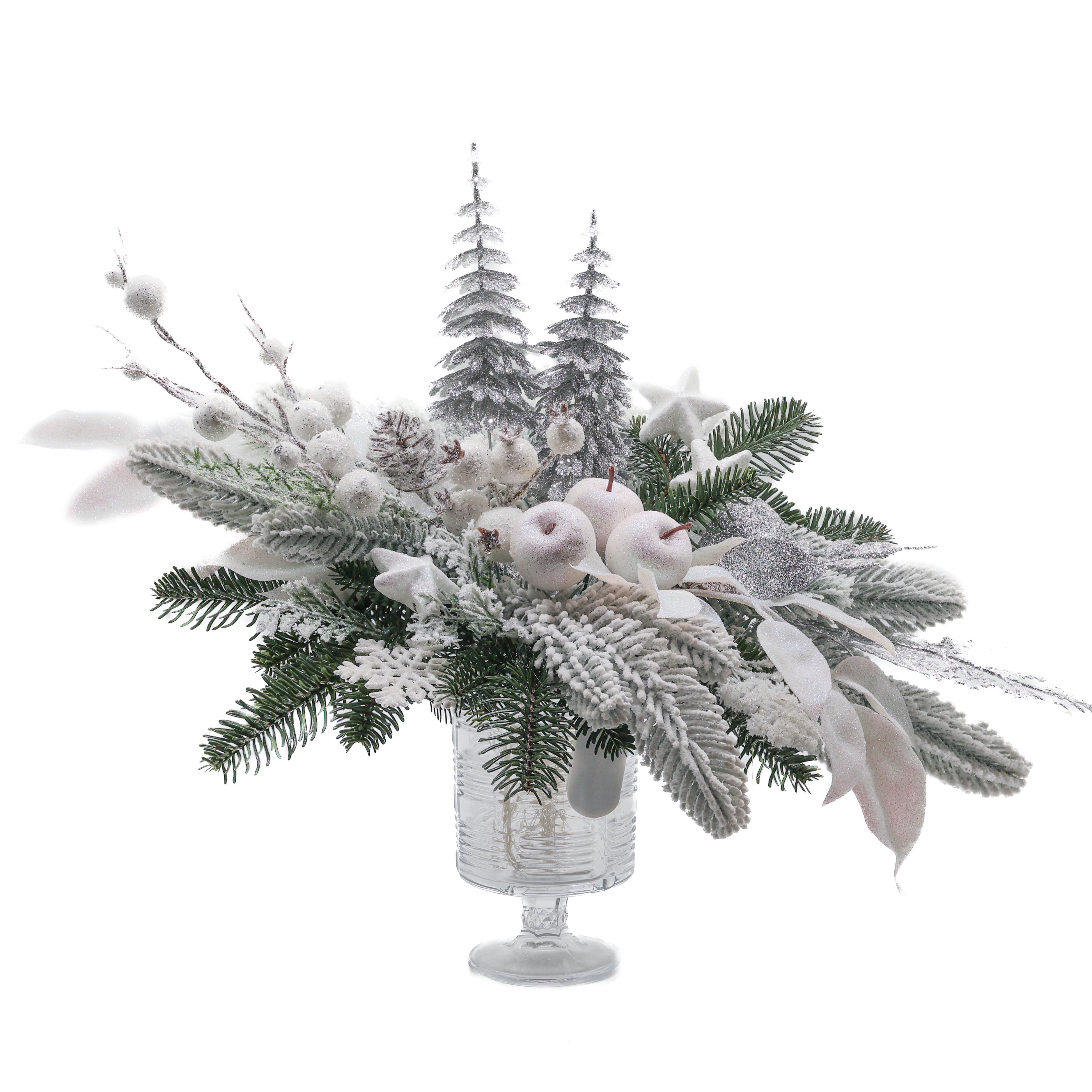 Украшение стола GALADECOR заснеженные ветки и ягоды в стеклянном весе с подсветкой