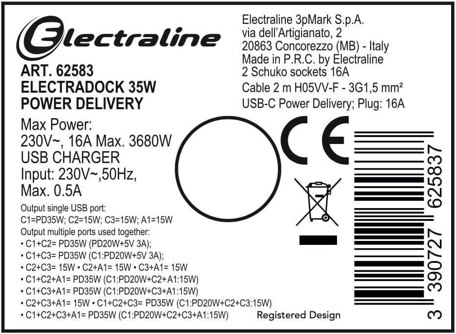 Зарядний блок із фіксатором Electraline Schuko 2 розетки 3хUSB-C PD 35 Вт /1хUSB-A 2 м Алюміній/Чорний - фото 9