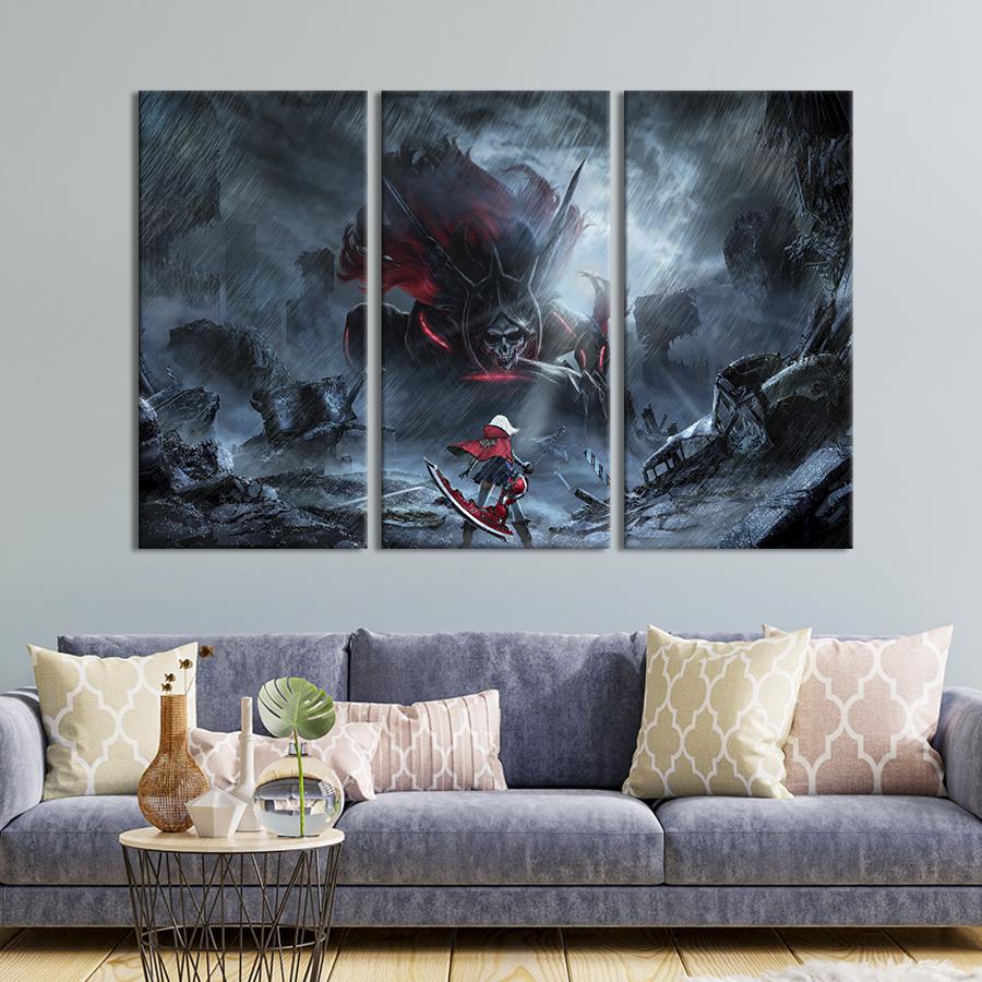 Картина на холсте триптих Битва со смертью в аниме 156x100 см (1020-31)