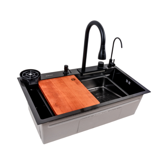 Мойка для кухни со смесителем Valeso Handmade Водопад Fly rain PVD 75x46 см F Черный (29320100)