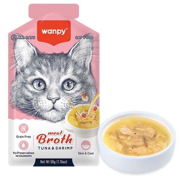Корм для котов беззерновой жидкий Wanpy Meat Broths Tuna&Shrimp суп с тунцом и креветками пауч 50 г (RAC-62)