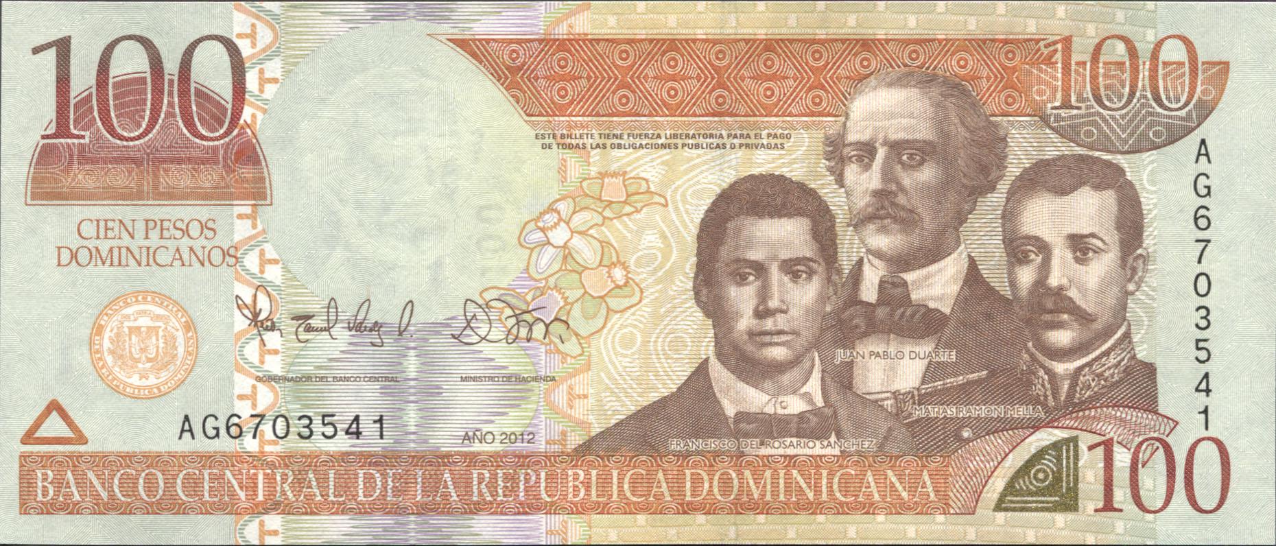 Коллекционная банкнота Доминикана 2012 100 песо P184b UNC