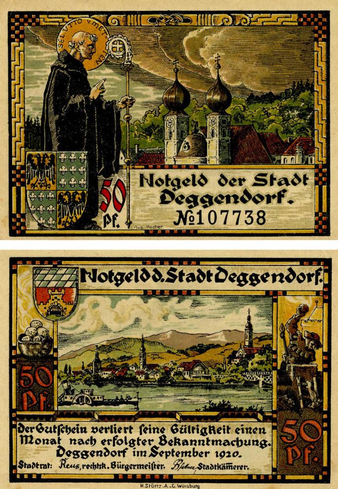 Колекційна банкнота Німеччина Нотгельд 50 пфеннігів 1920 F-VF Деггендорф Різновид 1 (Б18818)