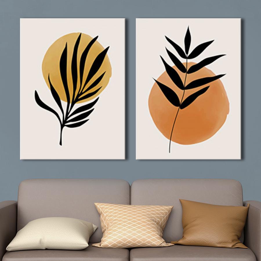 Модульная картина на холсте диптих Черные ветки листвы и оранжевый круг 123x80 см (MK21251)