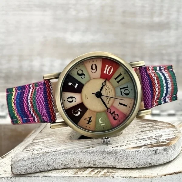 Годинники жіночі з яскравим райдужним ремінцем та вінтажним циферблатом Фіолетовий (D00139-1) - фото 4