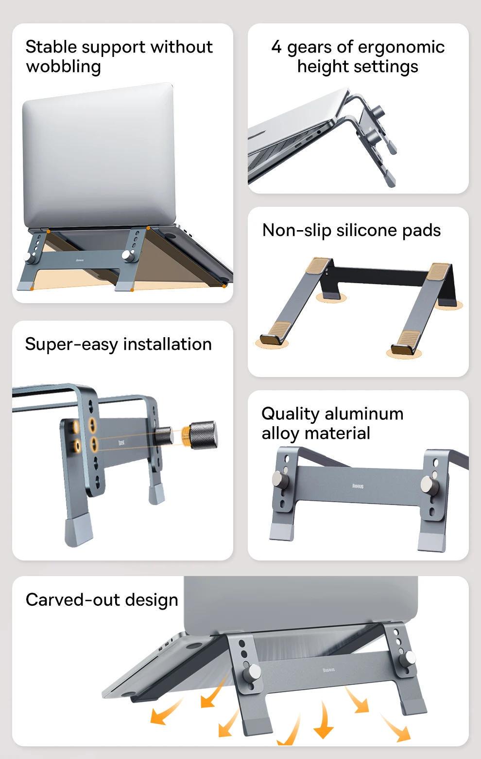 Підставка BASEUS для ноутбуку металева Сірий (B10053100811-00) - фото 4 Підставка BASEUS для ноутбуку металева Сірий (B10053100811-00) - фото 4