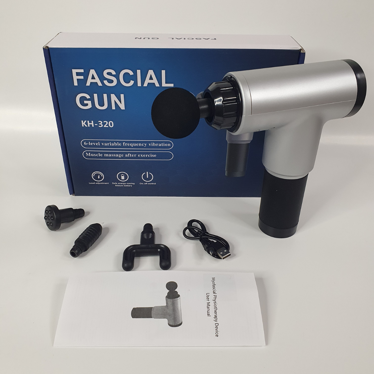 Электромассажер пистолет Fascial Gun KH-320 для тела и мышц высокоскоростной Серый - фото 12