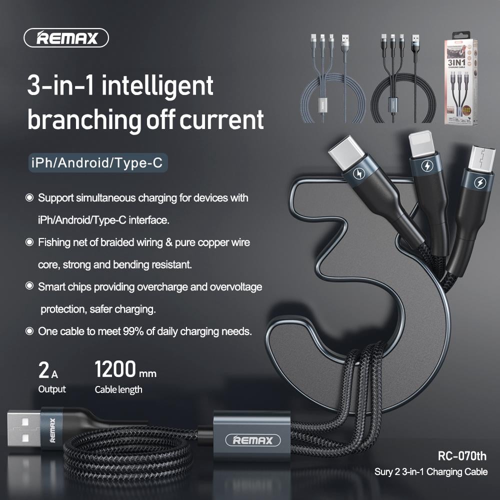 Кабель Remax Combo Lightning/Micro USB/Type-C Sury 2 Series 3-in-1 RC-070th 1,2 м 2 A Black (533265) - фото 3