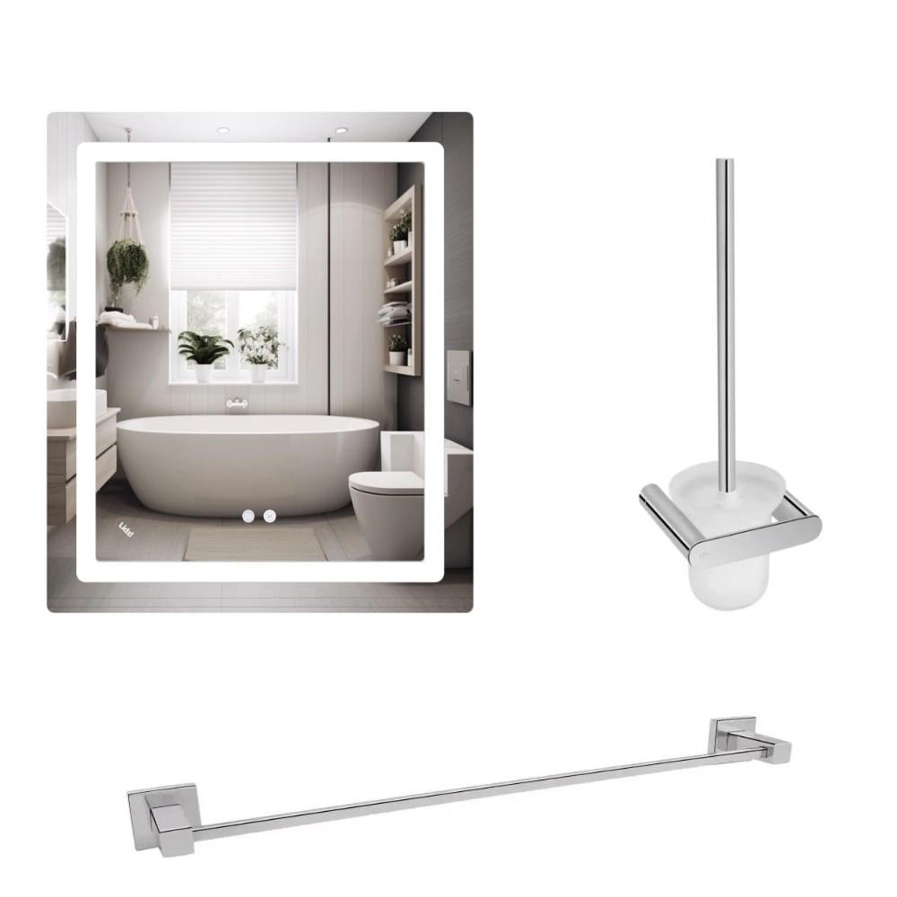 Комплект для ванної з Lidz LED-дзеркалом 700×800 мм Touch з антизапотіванням та йоржик і латунний тримач рушників 60 см Комплект для ванної з Lidz LED-дзеркалом 700×800 мм Touch з антизапотіванням та йоржик і латунний тримач рушників 60 см