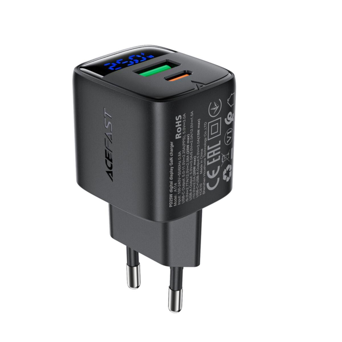 Зарядное устройство для Acefast A114 PD25W GaN charger USB+Type-C с цифровым экраном Black (6974316284437) Зарядное устройство для Acefast A114 PD25W GaN charger USB+Type-C с цифровым экраном Black (6974316284437)
