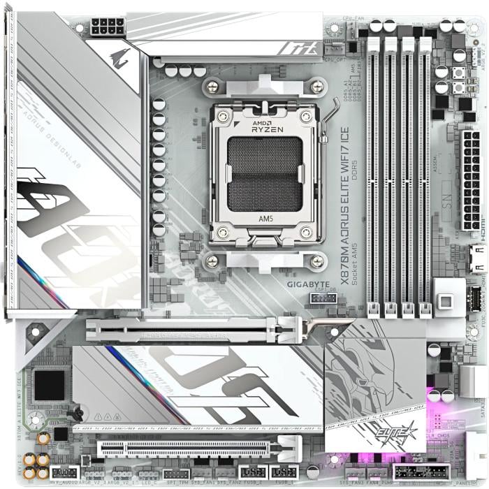 Материнская плата Gigabyte AORUS X870M Elite WiFi7 ICE Micro-ATX sAM5 AMD X870 4xDDR5 2xM.2 2xSATA 2xUSB4 HDMI White (35227318)