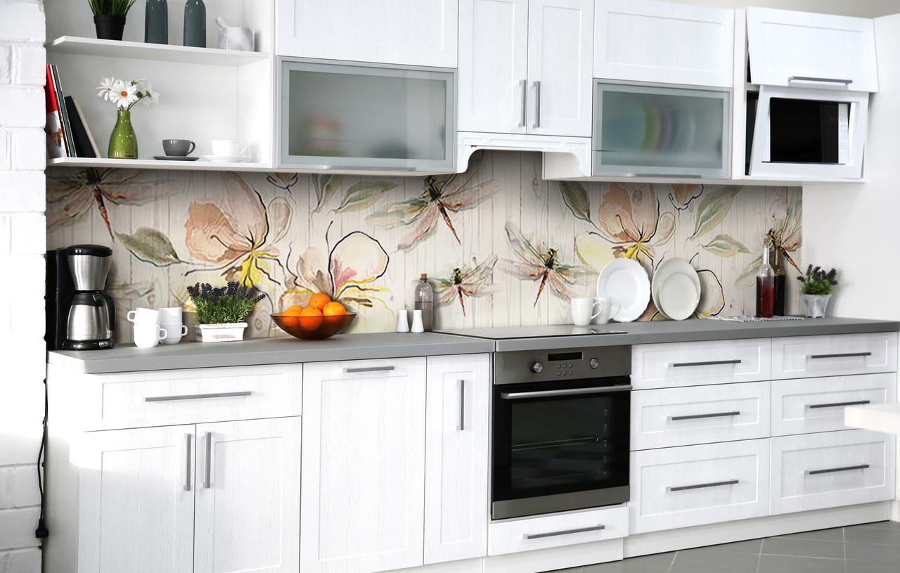 Кухонный фартук Акваельные стрекозы/Прованс виниловый самоклеющийся 600х2500 мм Бежевый