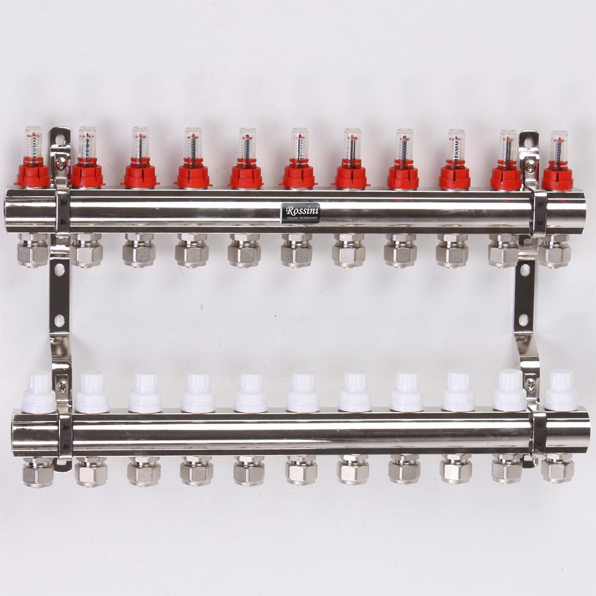 Коллектор теплого пола Rossini на 11 контуров с расходомерами и евроконусами