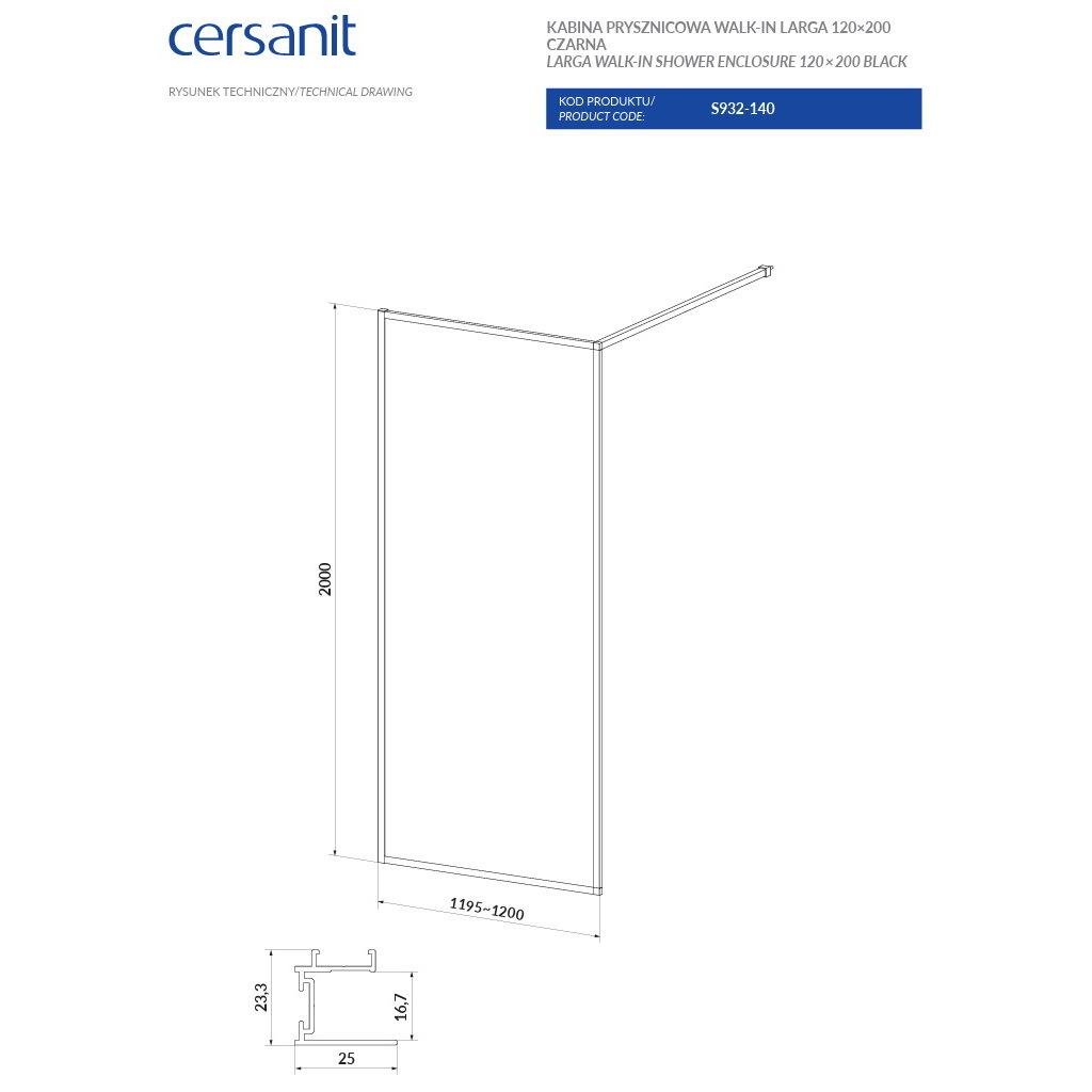 Душова стінка з тримачем Cersanit Larga Walk-in S932-140 120x200 см профиль Чорний (250833) - фото 5
