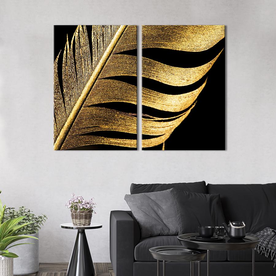 Настенный декор диптих картина на холсте для интерьера Золотистое перо 111x81 см (536-2)