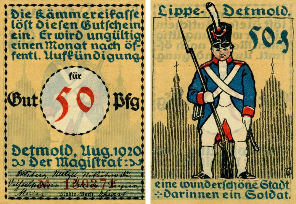 Коллекционная банкнота Германия Нотгельд 50 пфеннигов 1920 F-VF Детмольд Разновидность 3 (Б18833)
